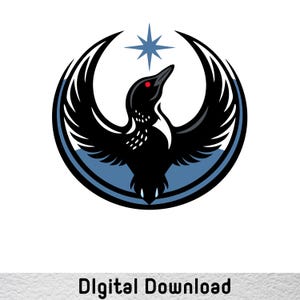 Op de afbeelding: Een zwart-wit illustratie van een vogel met uitgespreide vleugels, een rood oog en een blauwe ster boven zijn kop. De vogel bevindt zich in een blauw-zwarte cirkel. De tekst "Digital Download" staat onderaan.