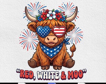 Red White Moo Highland Cow , USA 250th Anniversary,  Patriotic 4th of July Kids, (PNG SVG Digital Download)
