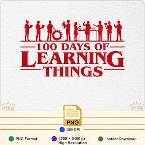 May include: Red graphic with the text "100 Days of Learning Things" and silhouettes of people with science and engineering tools. Includes PNG file information, resolution, and download details.