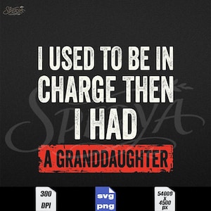 May include: Black background with white text that reads "I USED TO BE IN CHARGE THEN I HAD A GRANDDAUGHTER." The text "A GRANDDAUGHTER" is in a red rectangle. The image also includes "300 DPI", "svg png", and "54000 x 4500 px".