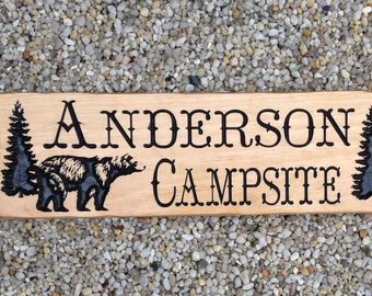 Custom Wood Campsite Signs Personalized with Last Name and Bear with Pine Trees
