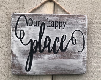 Our Happy Place Sign, Farmhouse Wall Decor, Wood Signs for Home Decor, Home Decor and Gifts, Home Gifts, New House Gift Couple, Wood Sign