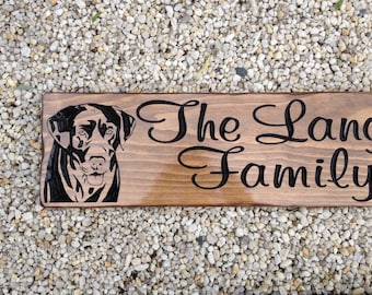 Carved Wood Family Name Sign with Black Lab Dog Silhouette