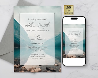 Funeral Invitation Lake Mountains River Editable Canva Template Digital Celebration of Life Memorial Announcement In loving memory RIP