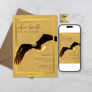 May include: A memorial card with a gold border and a soaring bald eagle image. The card includes the text "In loving memory of Alex Smith" with dates and service details. A smartphone displays the same design.