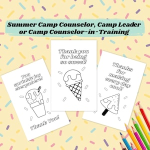 Summer Camp Thank You Card Ice Cream Printable for Camp Counselor Kids Instant Download Cute Appreciation Gift Printable Coloring Activity