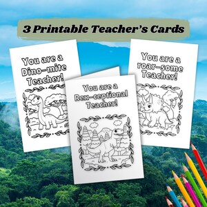 Dinosaurier-Lehrer-Dankeschön-Karten Wertschätzungsgeschenk - 3 druckbare Lehrerfärbung Kinderaktivität Schuljahr Geschenk DIY Kindergarten TRex Dino