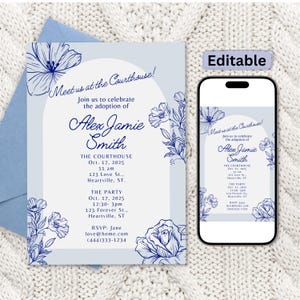 Adoption Party Invitation: Blue Floral Canva Template (Digital Download, 5x7&quot; Editable Invite)