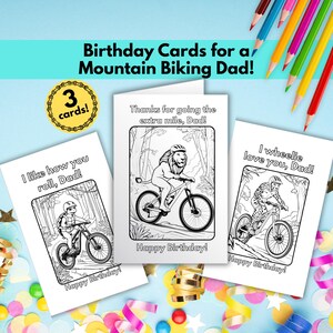 Cartes d'anniversaire de papa de vélo de montagne papa cycliste VTT vélo activité de coloriage imprimable pour les enfants cadeau vélo bricolage pages à téléchargement immédiat
