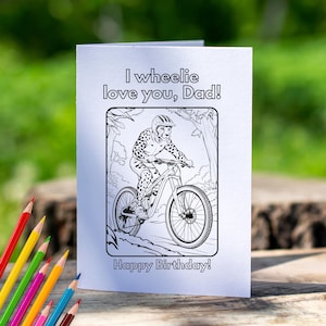 Carte d'anniversaire papa vélo à colorier papa cycliste VTT tout-terrain activité imprimable pour enfants cadeau bricolage téléchargement immédiat guépard bday