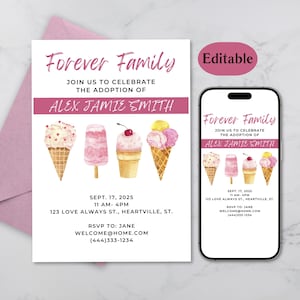 Adoption Party Invitation: Ice Cream Theme, Editable Canva Template (Digital Download, 5x7&quot;)