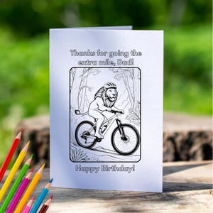 Carte d'anniversaire papa vélo de montagne papa cycliste VTT vélo coloriage imprimable activité pour enfants cadeau bricolage téléchargement immédiat vélo père lion
