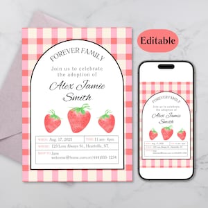 Strawberry Adoption Party Invitation: Editable Canva Template (Digital Download, 5x7in