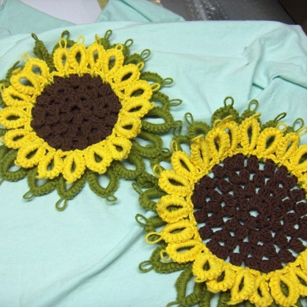 Sunflower Pot holder Hot pad set Cro Tatted Crocheted Sunshine and Brown