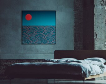 Abstrakte Malerei, Sonne, Wellen, Meer, asiatisch inspiriert, Leinwand, rot, blau, türkis, minimalistisch, 2 Größen aufhängefertig