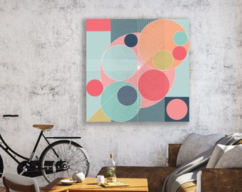 Abstract  artwork, pastel colours, geometric shapes, 3D canvas print, ready to hang, mustard, sage, blues, pinks, peach, orange, sea green