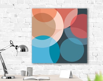 Abstract artwork, vibrant circles, bold, geometric, 3D canvas print, statement art, 2 sizes, ready to hang, blues, oranges, reds, greens