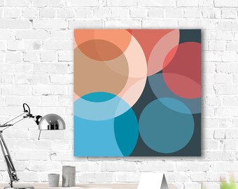 Abstract artwork, vibrant circles, bold, geometric, 3D canvas print, statement art, 2 sizes, ready to hang, blues, oranges, reds, greens