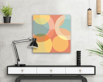 Abstract  artwork, pastel circle, bold, geometric, 3D canvas print, 2 sizes, ready to hang, gold, sand, blues, pinks, peach, orange, beige