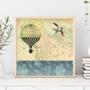 DIGITAL COLLAGE vintage map art, hot air balloon, vintage line illustrations, nostalgic print, pastel colours - Life's Journey1, 5x5 print