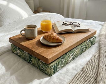 Solid Oak Lap Tray with Cushion: Personalized Breakfast Bed Table