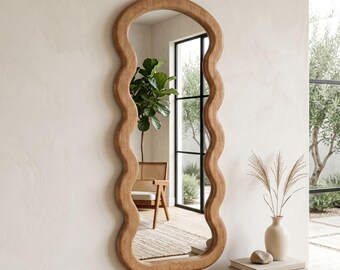 Wavy Oak Wall Mirror, Handmade Custom Wooden Mirror