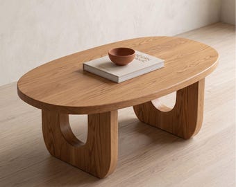 Handmade Oak Coffee Table - Modern Oval Wooden Table - Japandi Minimal Living Room Table - Solid Wood Sculptural Center Table – Custom Size