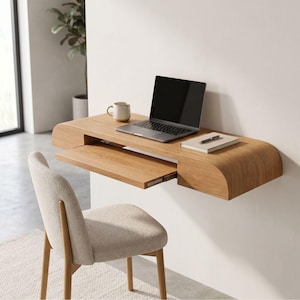 Op de afbeelding: Een aan de muur gemonteerd houten bureau met een uitschuifbaar toetsenbordlade, een laptop, een mok en een notitieblok. Het bureau heeft een gebogen ontwerp en is gemaakt van lichtgekleurd hout. Een stoel staat voor het bureau.