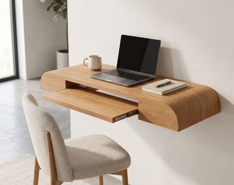 Op maat gemaakt eikenhouten wandbureau, handgemaakt zwevend laptopbureau met uittrekbaar blad