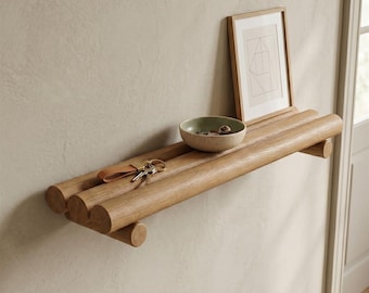 Prateleira de parede artesanal em carvalho – Prateleira flutuante moderna em madeira – Prateleira com design de tronco redondo – Prateleira minimalista para hall de entrada – Prateleira de madeira sob medida
