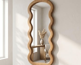 Wavy Oak Wall Mirror, Handmade Custom Wooden Mirror