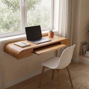 Väggmonterat skrivbord i ek, handgjort flytande laptopskrivbord med utdragbart fack bild 8