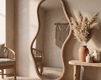Irregular Oak Mirror, Organic Full Length Wall Mirror, Asymmetrical Japandi Decor