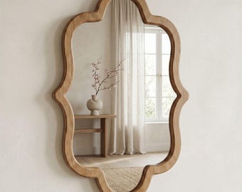 Solid Oak Wall Mirror: Wavy Asymmetrical Scalloped Wood Frame