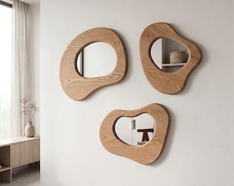 Organic Oak Mirror Set, Asymmetrical Japandi Wall Decor, Handmade Natural Wood Mirrors