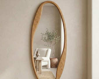 Organic Oval Wooden Mirror, Full Length Wall Mirror, Irregular Oak Mirror, Large Statement Mirror, Japandi Mirror, Entryway Bedroom Decor
