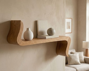 Handmade Oak Sculptural Floating Shelf, Japandi Modern Wood Wall Decor