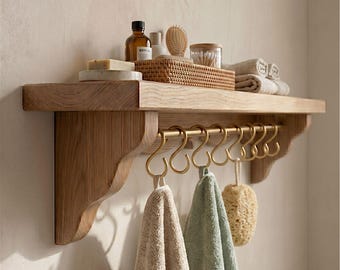 Oak Wall Shelf with Hooks, Handmade Wooden Entryway Organizer, Custom Length Coat Rack, Kitchen Mug Rack, Rustic Minimal Wall Storage
