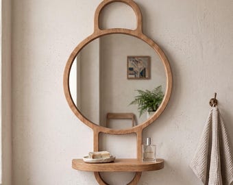 Custom Solid Oak Round Mirror with Shelf: Minimalist Wooden Entryway, Wall Decor