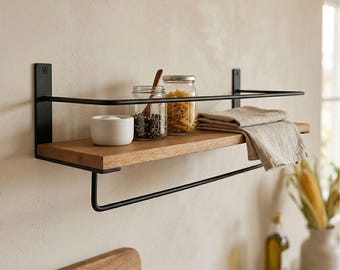 Solid Oak Floating Shelf with Towel Rack – Minimalist Bathroom Kitchen Organizer