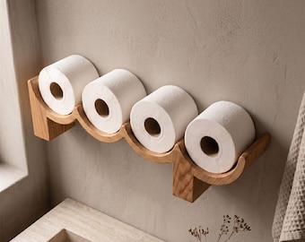 Wood Toilet Paper Holder, Oak Bathroom Wall Shelf, Wall Mounted Toilet Roll Storage, Japandi Bathroom Decor, Wooden Paper Organizer