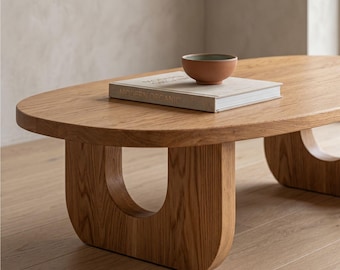 Handmade Oak Coffee Table - Modern Oval Wooden Table - Japandi Minimal Living Room Table - Solid Wood Sculptural Center Table – Custom Size