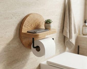 Handmade Wood Toilet Paper Holder with Shelf - Modern Bathroom Organizer - Wall Mounted Rustic Wooden Tissue Holder - Minimal Bathroom Decor