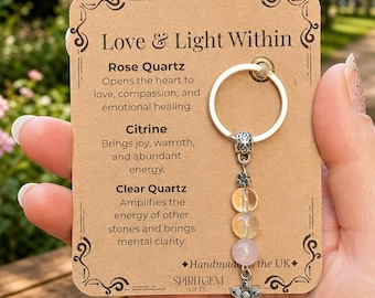 Personalised Rose Quartz Citrine Clear Quartz Keychain, Valentines Gift, Crystal Keyring
