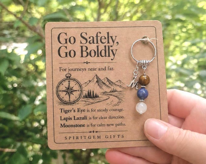 PERSONALISED SAFE TRAVELS Crystal Keyring, Travel Gift with Illustrated Keepsake Card