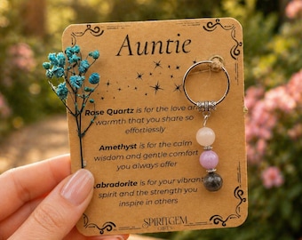 PERSONALISED AUNTIE crystal keyring gift with message card. Gemstone gift for aunt . Auntie Keepsake  Best Auntie. Birthday. New Aunts gift