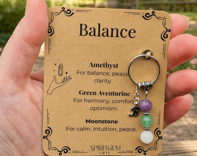 Personalised Balance Gemstone Keyring, Moonstone Amethyst Calm Harmony