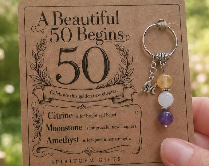 Personalised 50TH BIRTHDAY Crystal Keyring with Illustrated Keepsake Card Milestone Gift