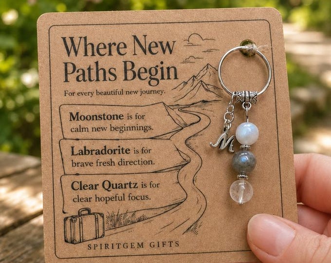 PERSONALISED NEW ADVENTURE Crystal Keyring, Travel and moving Gift with Illustrated Keepsake Card
