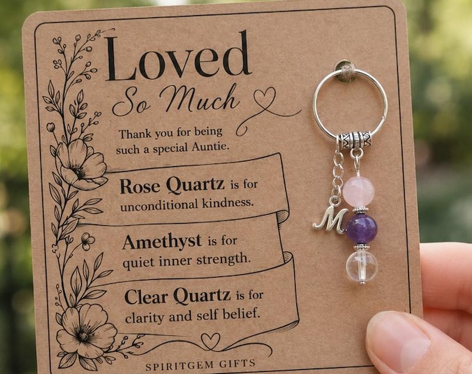 Personalised AUNTIE Crystal Keyring with Illustrated Keepsake Card Birthday Gift from Niece